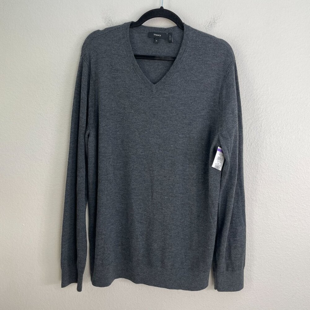 NEW Theory Mens XL Charcoal Gray Merino Wool Blend V Neck Sweater Pullover Knit